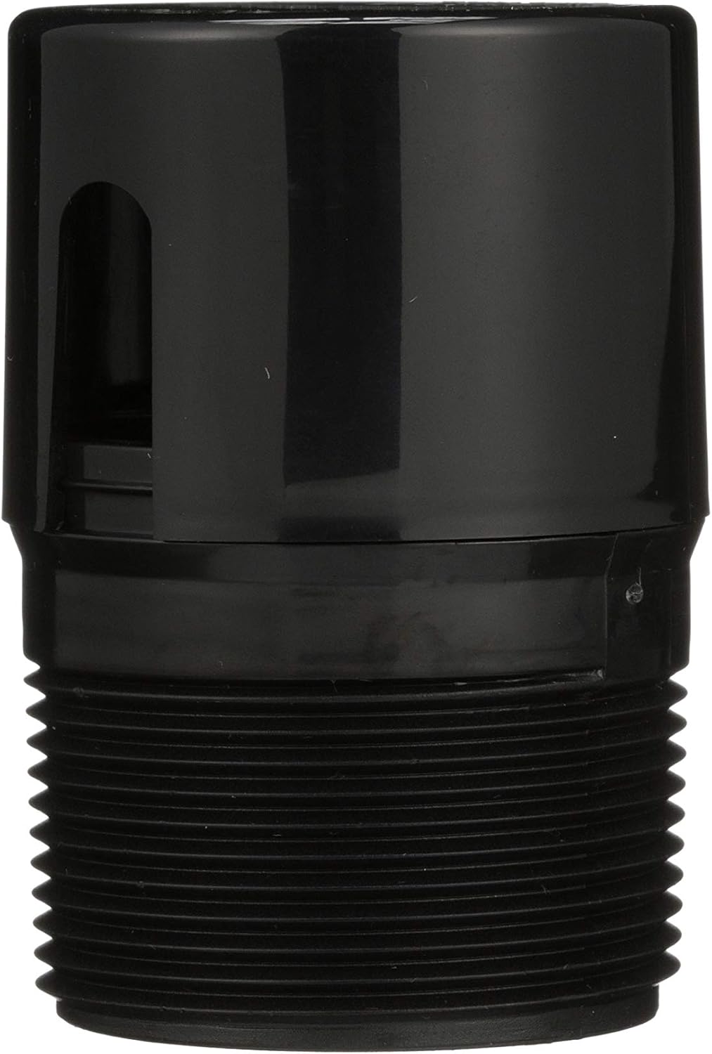 Black ABS inline vent with male threaded connection and internal baffle design.