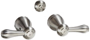 Stainless steel lever handle set with two handles, round escutcheons, and mounting components for bathroom faucet installatio