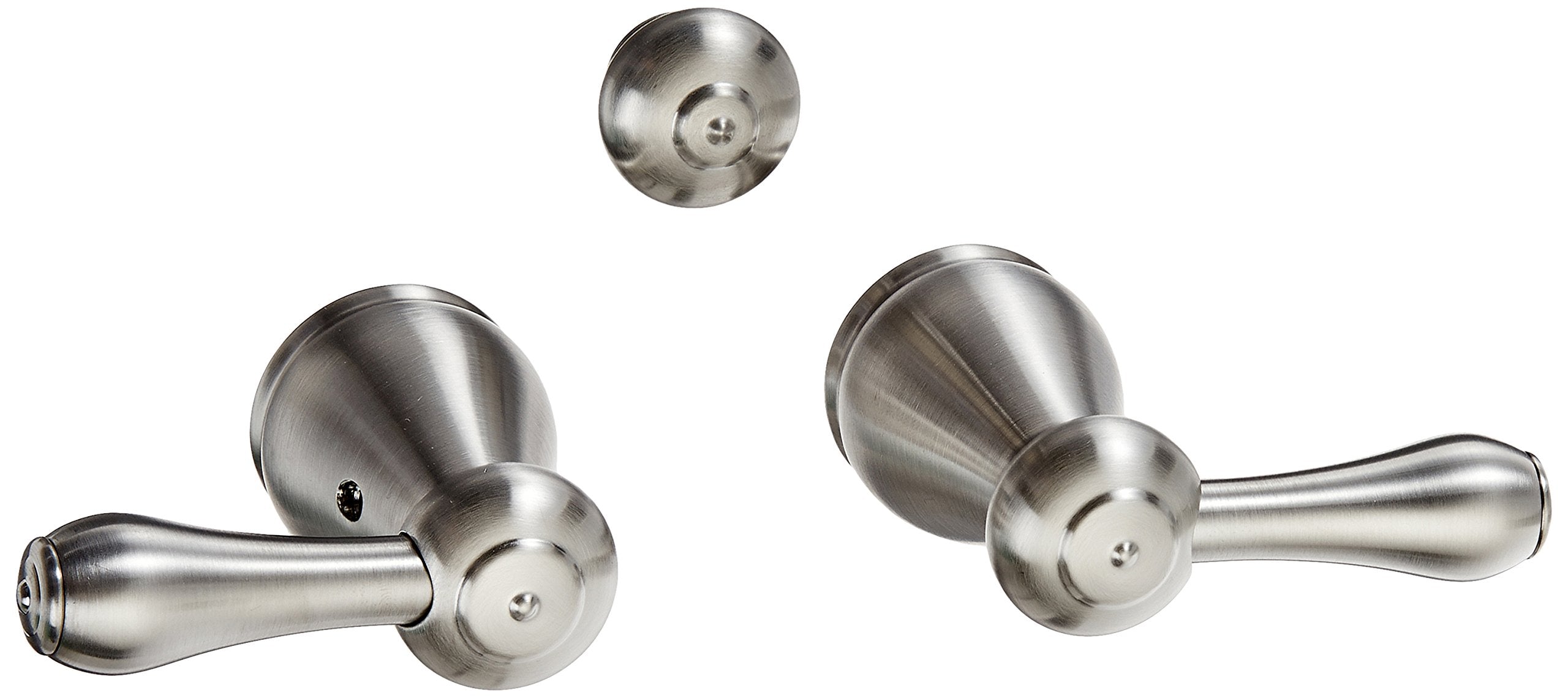 Stainless steel lever handle set with two handles, round escutcheons, and mounting components for bathroom faucet installatio