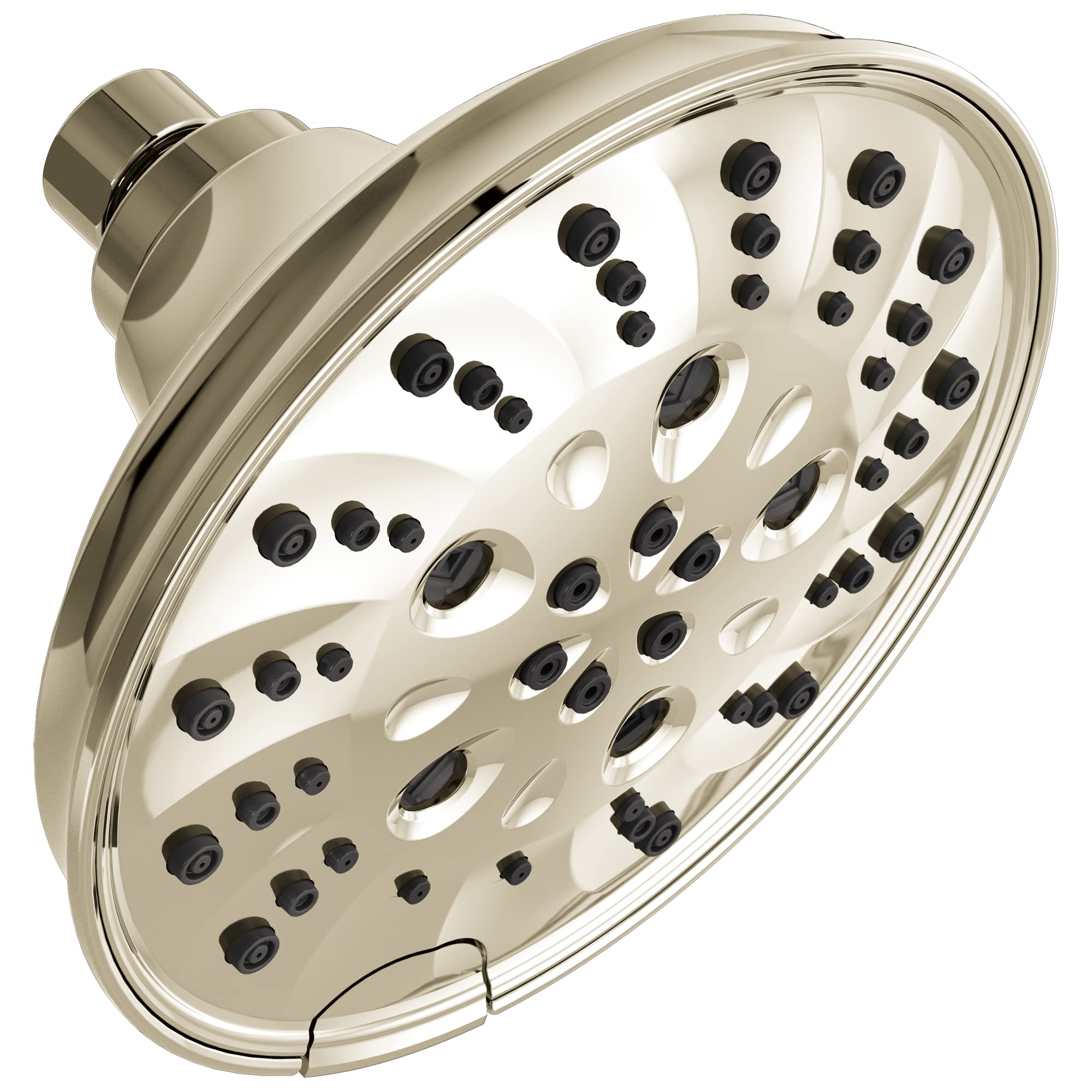 Brushed nickel raincan shower head with multiple black spray jets arranged in rows across a round face plate.