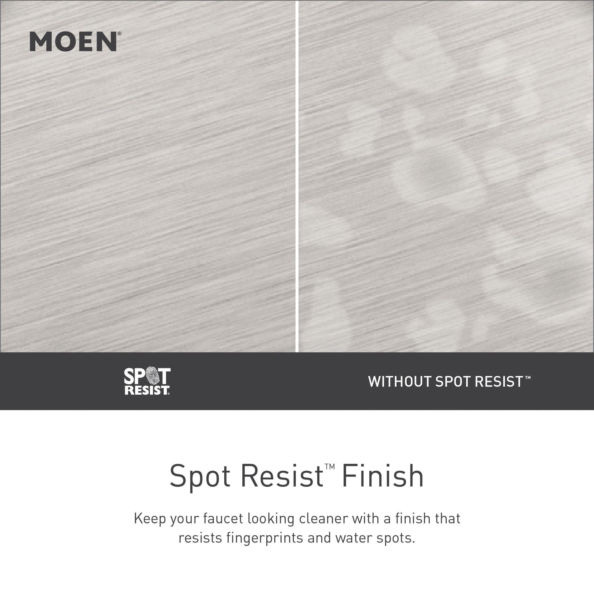 Spot Resist stainless finish comparison showing surface with and without fingerprints and water spots.