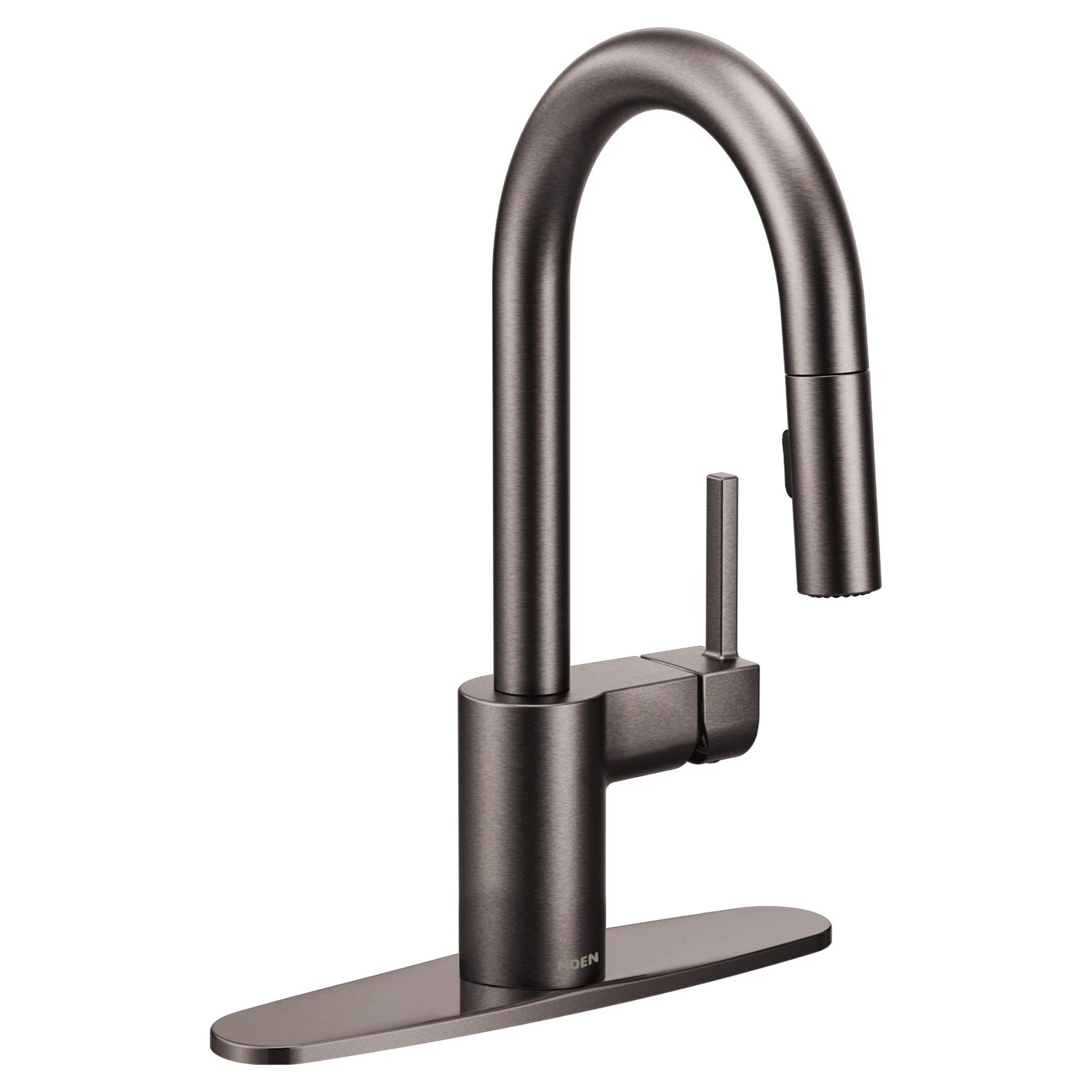 Black stainless steel single-handle pulldown kitchen faucet with curved spout and rectangular base plate.