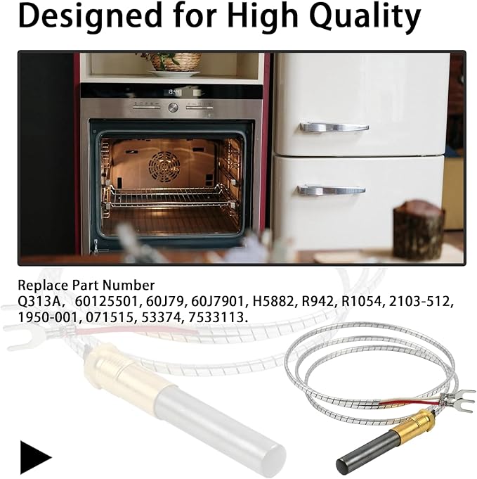 Robertshaw 1951-001 thermopile generator with metal braided probe and connector tubing for gas appliances.