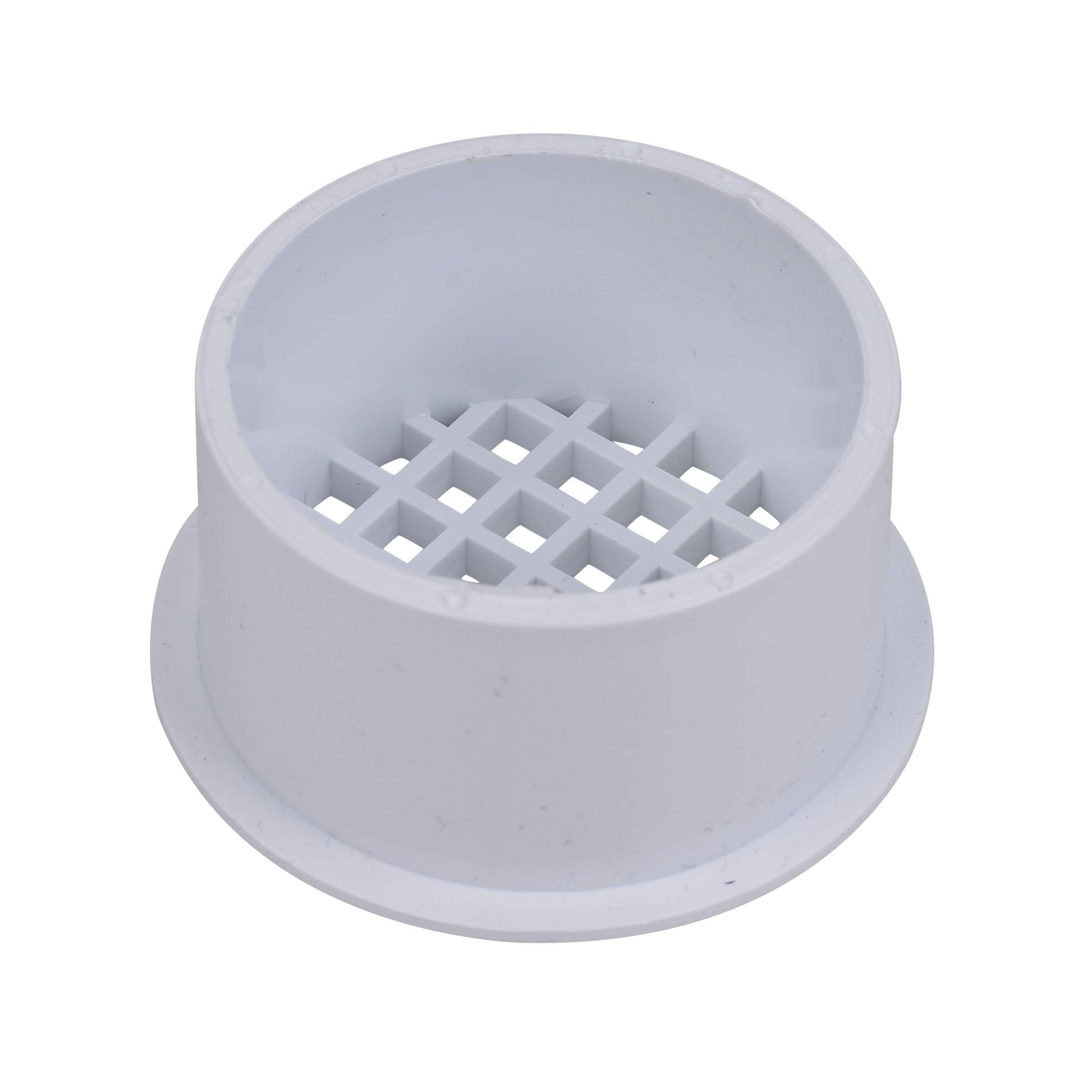 White PVC floor drain with grid strainer insert and snap-in basin collar.