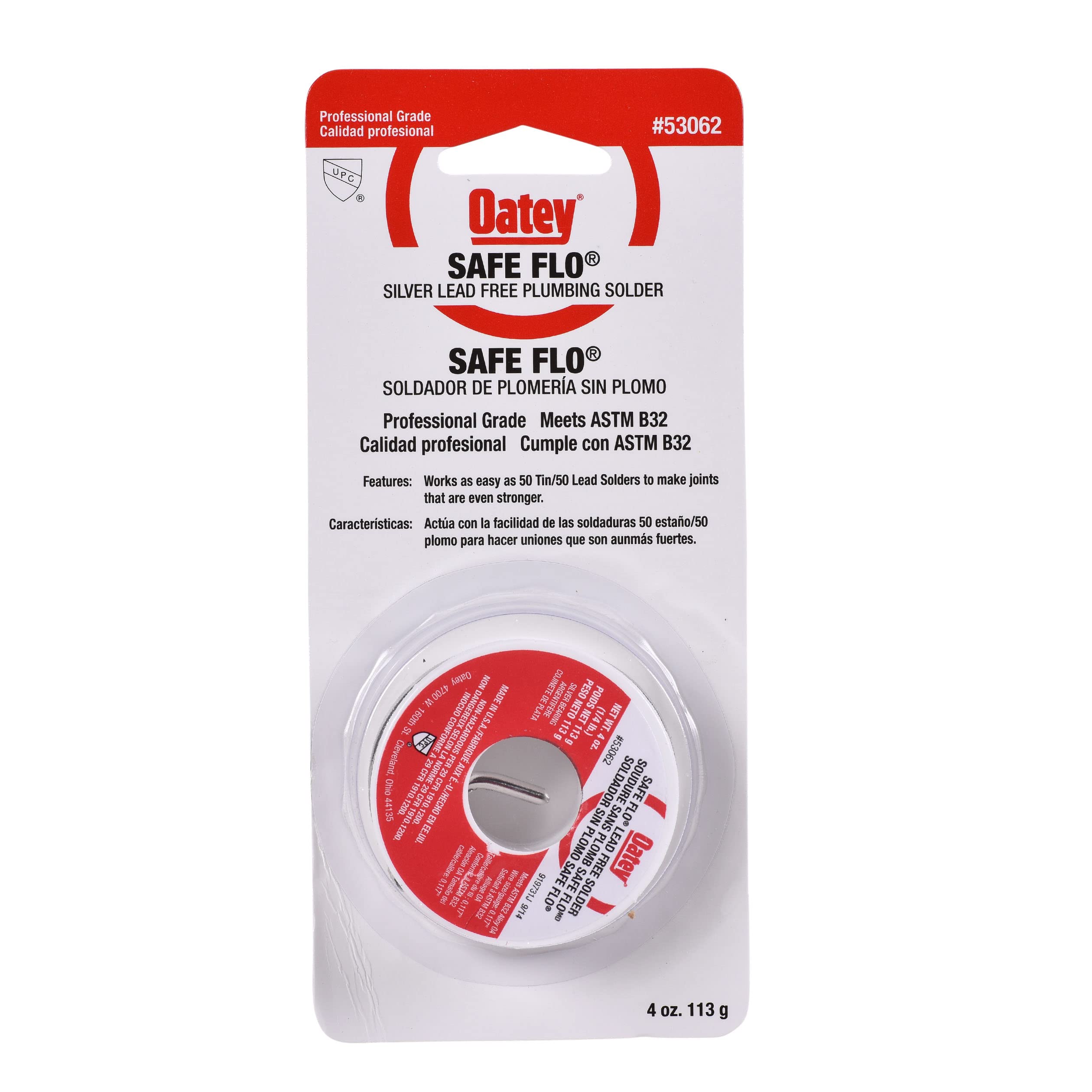 Oatey Safe Flo lead-free plumbing solder spool in silver gray on retail packaging.