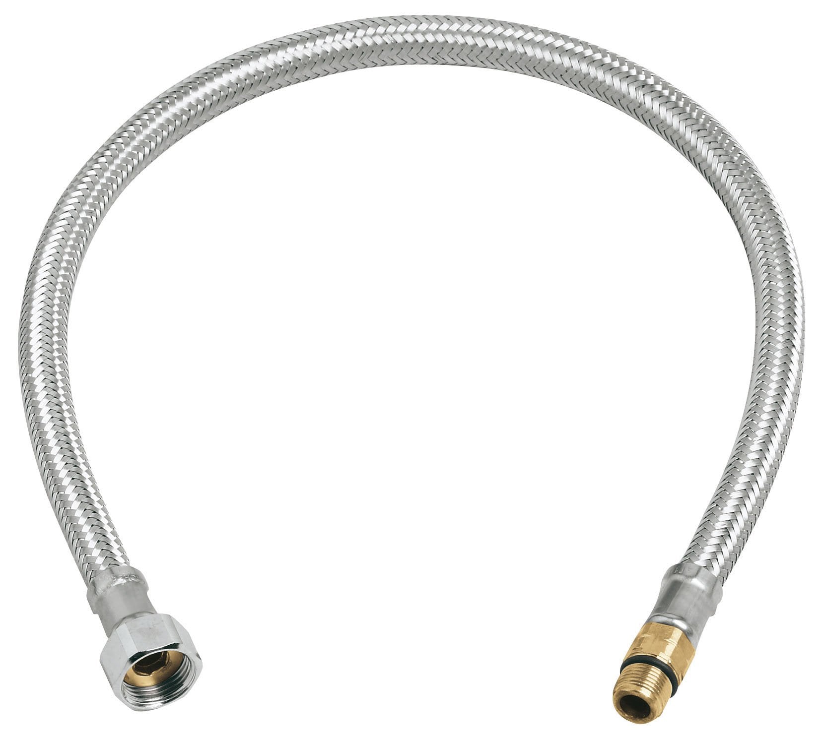 Chrome-plated braided flexible connector with threaded brass fittings on each end.