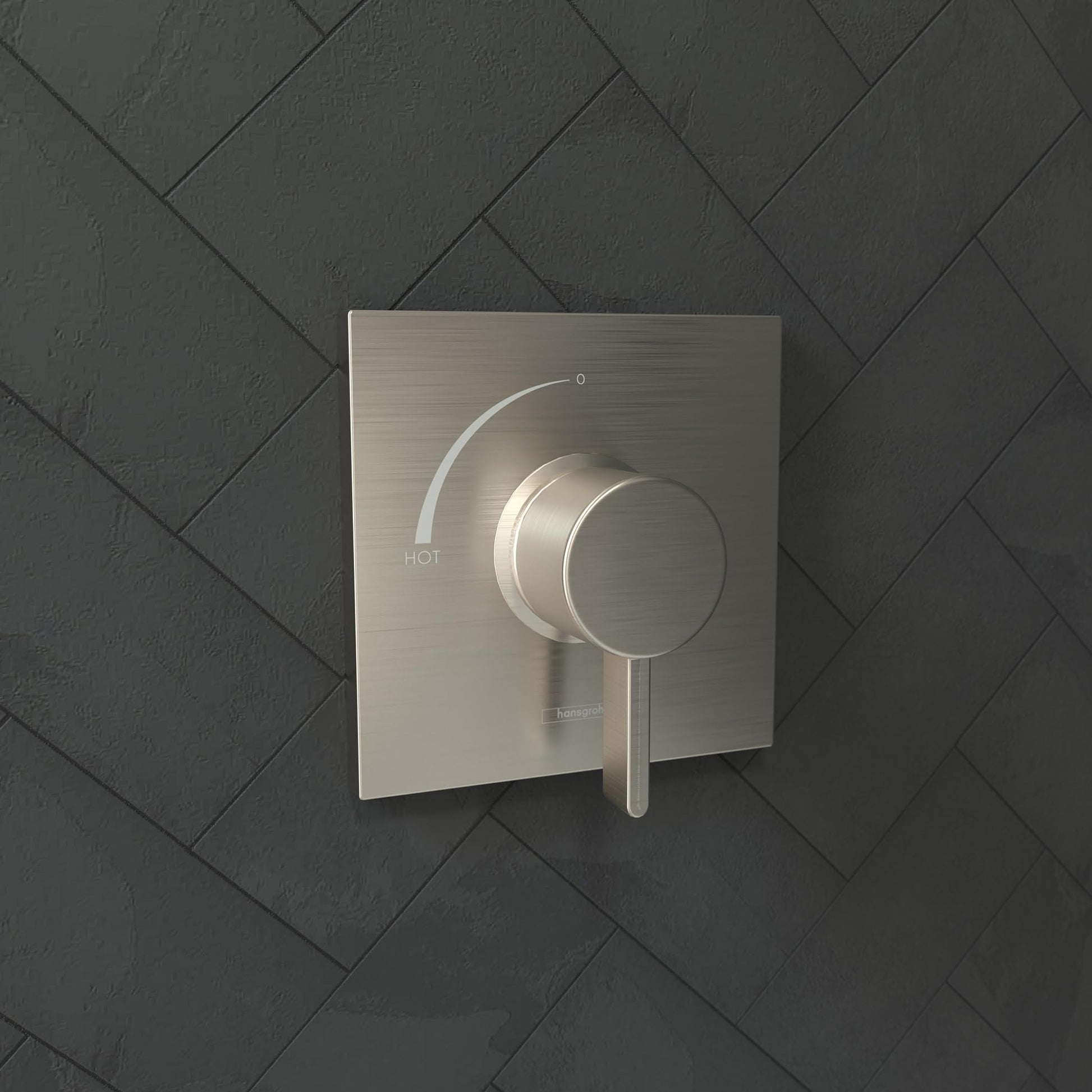 Brushed nickel square shower valve trim with single lever handle and pressure balance control marked "HOT."