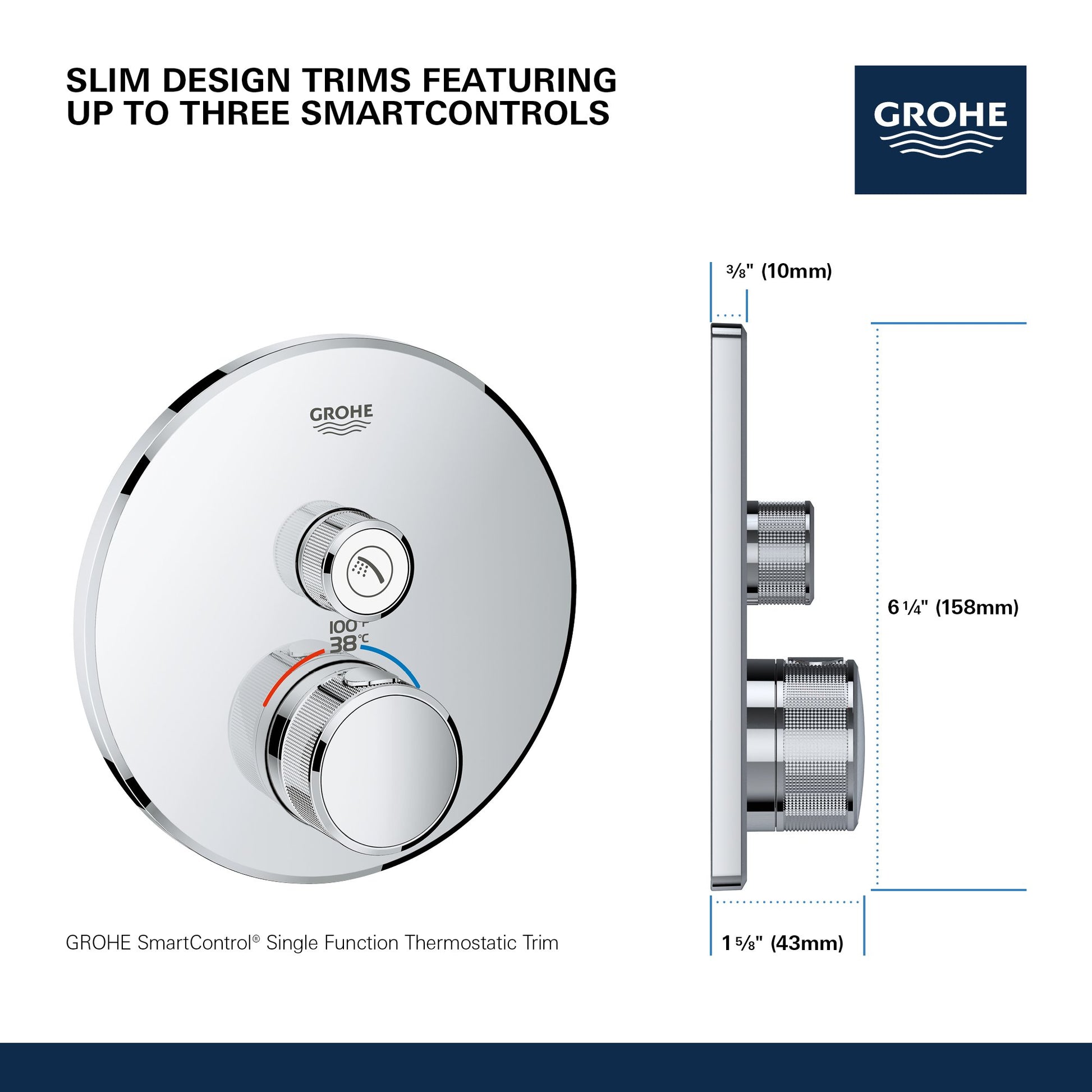 Grohe thermostatic valve trim with circular escutcheon plate, upper control knob, and lower temperature dial with temperature