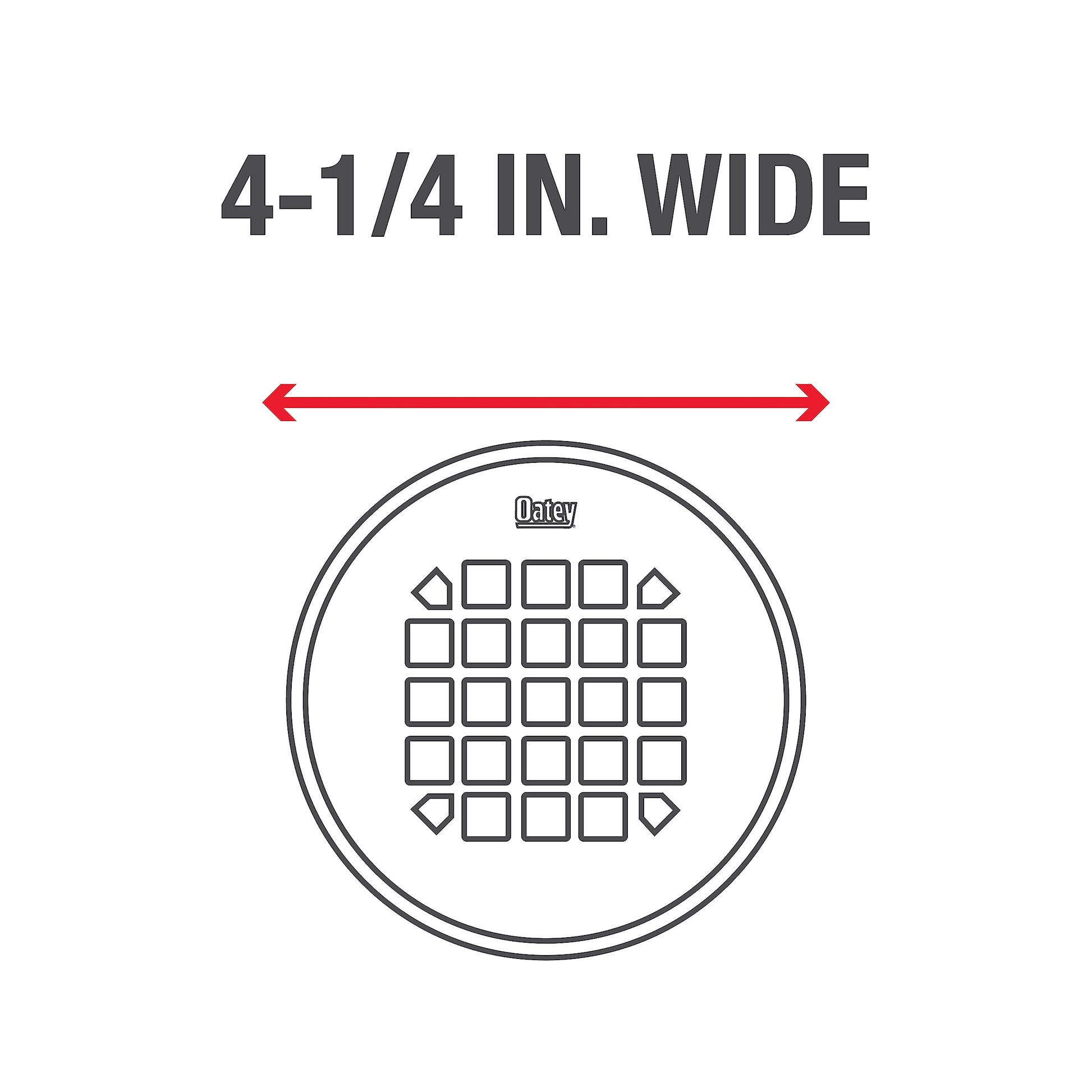 Circular satin nickel shower strainer with square grid pattern and diamond-shaped corner openings, 4-1/4 inches wide.