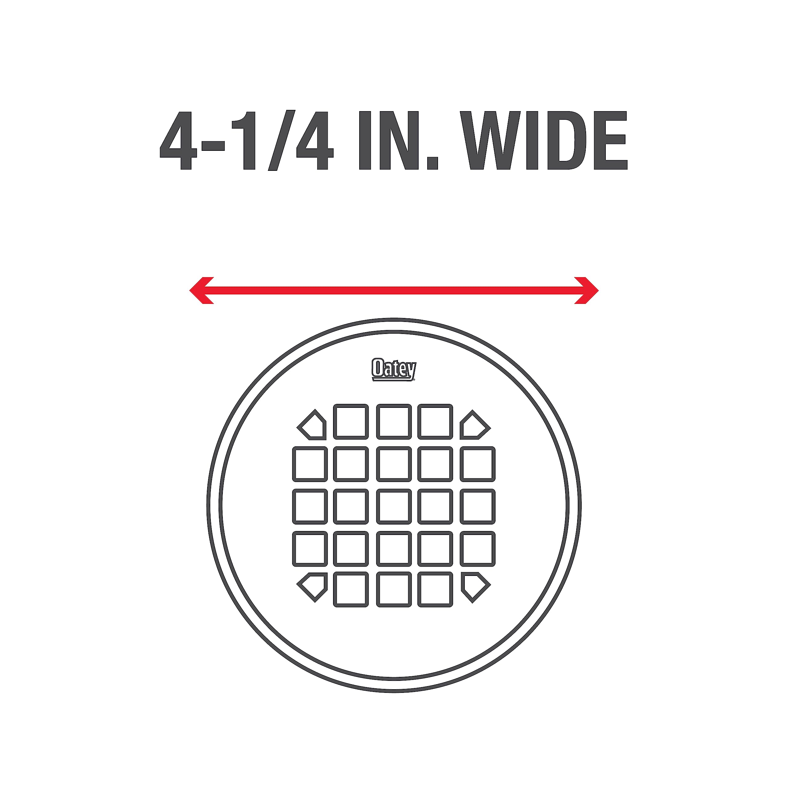 Circular satin nickel shower strainer with square grid pattern and diamond-shaped corner openings, 4-1/4 inches wide.