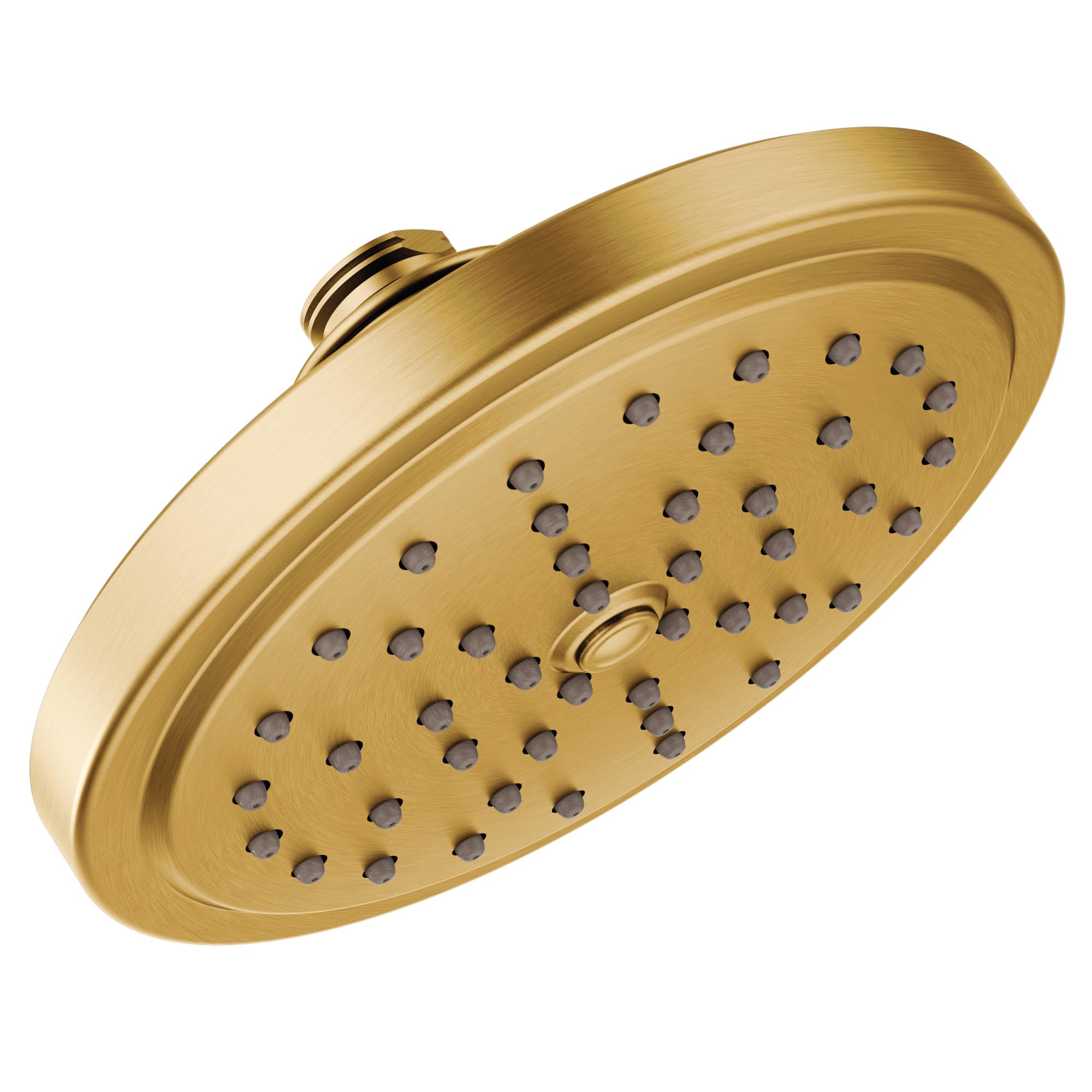 Brushed gold round shower head with multiple spray nozzles and curved arm connector.
