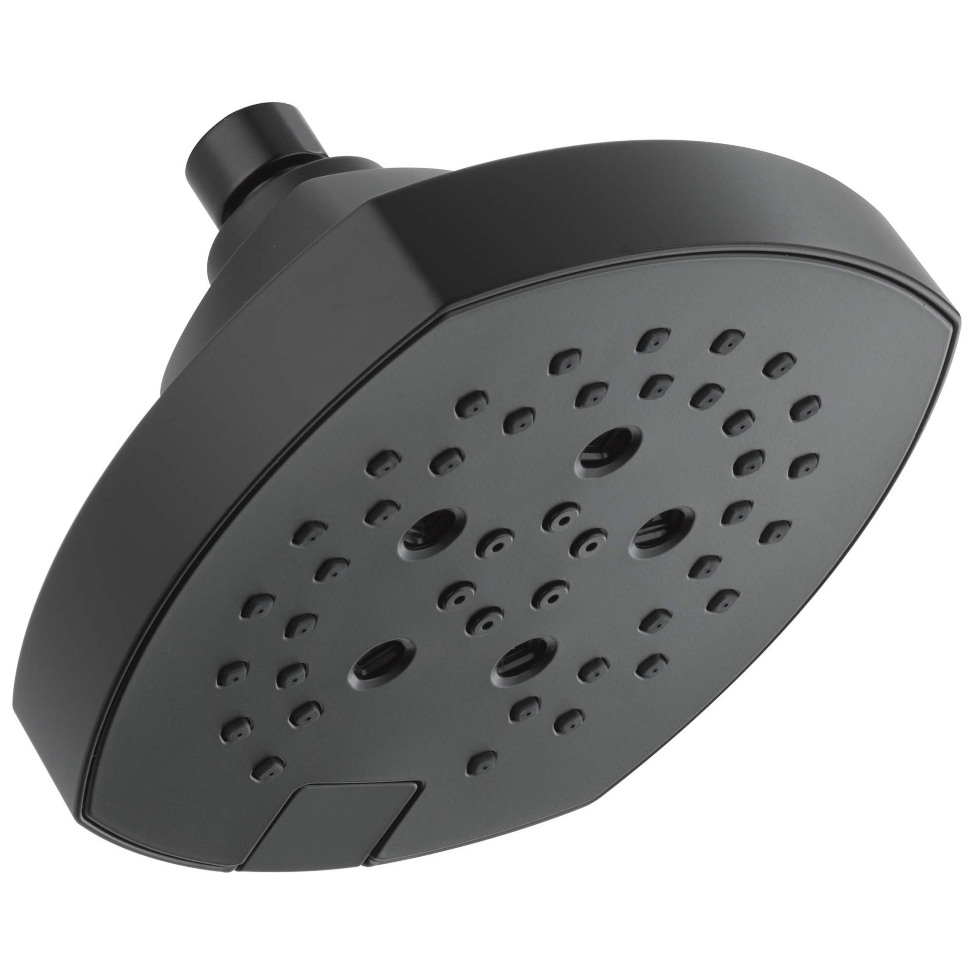 Black Delta shower head with multiple spray holes and adjustable arm mount.