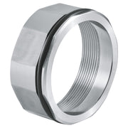 Chrome retaining ring with threaded interior and black rubber seal, hexagonal outer surface.