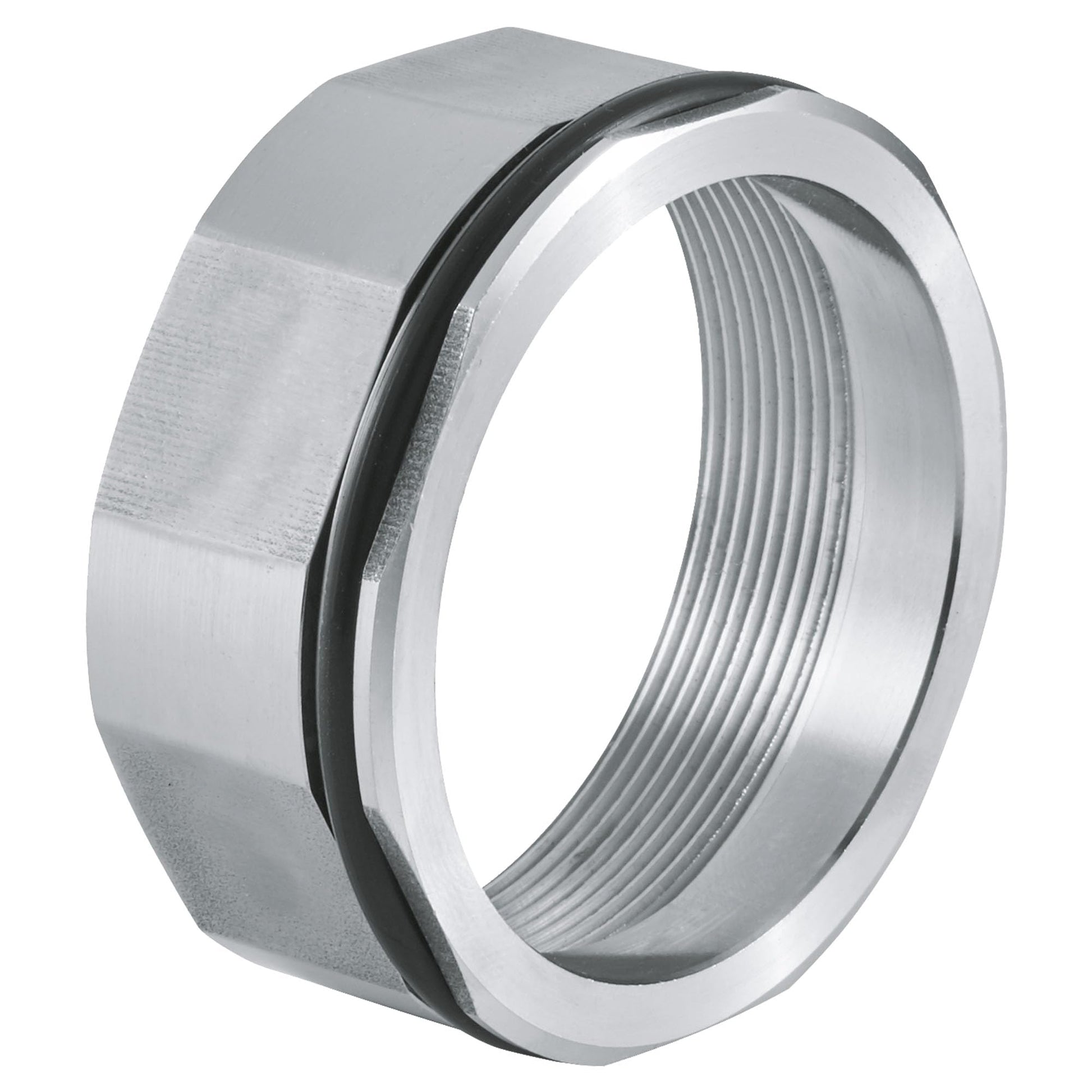 Chrome retaining ring with threaded interior and black rubber seal, hexagonal outer surface.