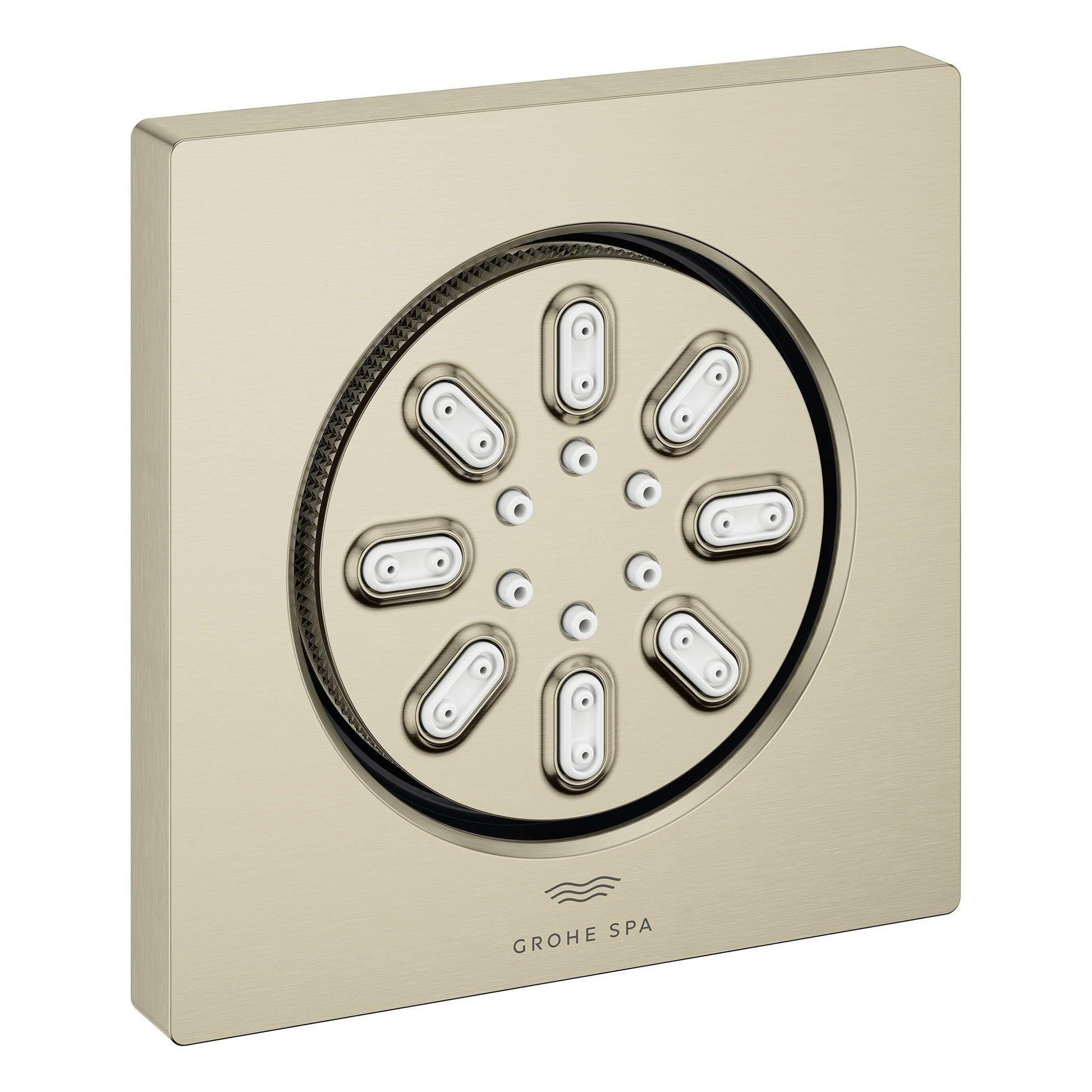 Square brushed nickel body spray with eight oval nozzles arranged in circular pattern and small adjustment jets.