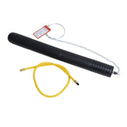 Black 4-inch test-ball plug with metal chain, red tag, and yellow measuring hose.