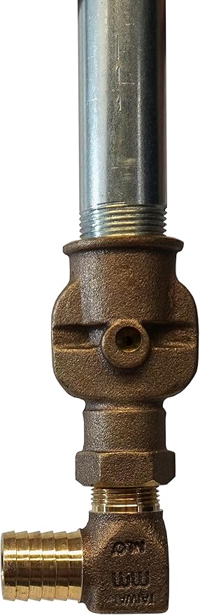 Bronze hydrant elbow connector with male threads on top, female outlet on side, and barbed plastic pipe fitting on bottom.
