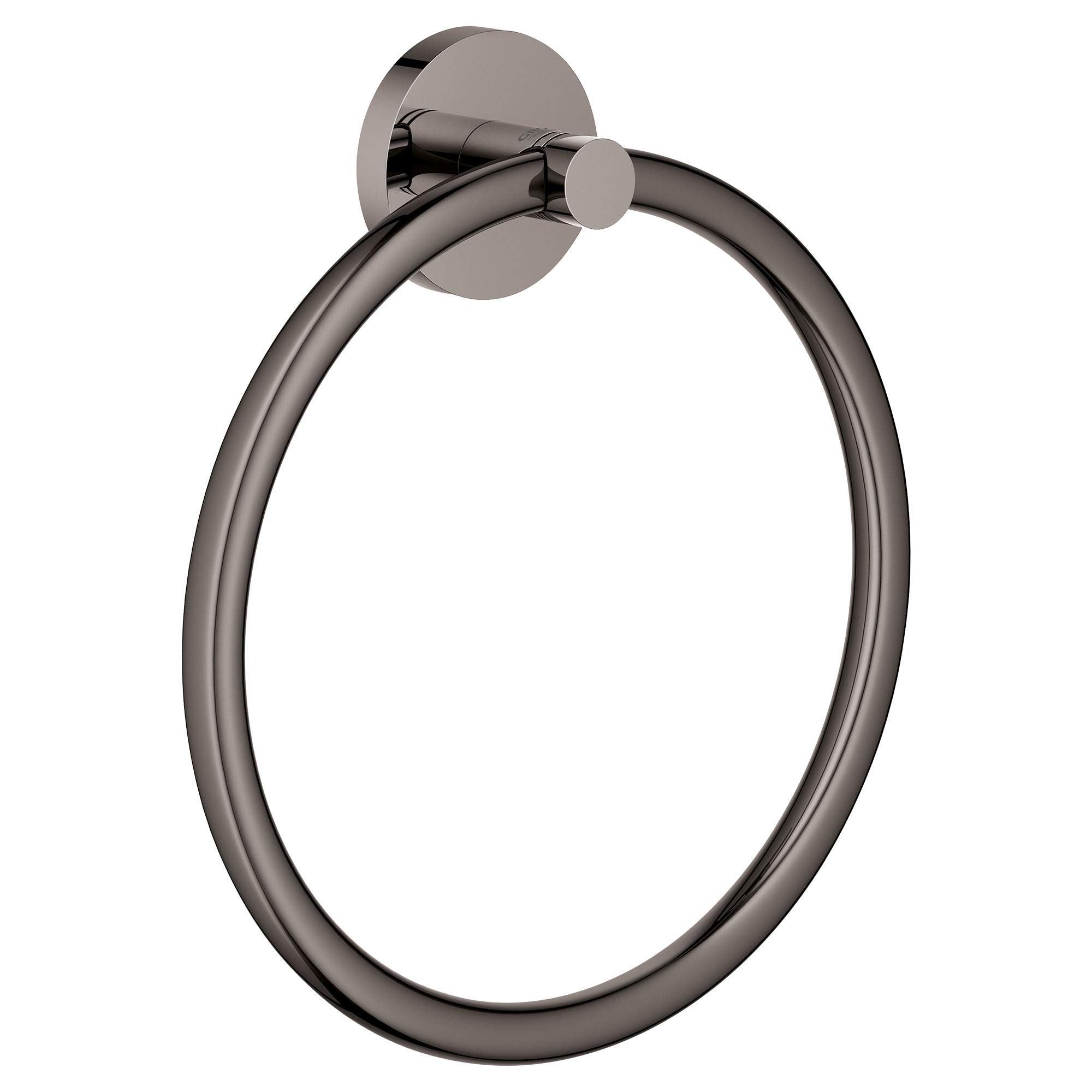 Hard graphite round towel ring with circular wall-mounted backing and pivot connector.