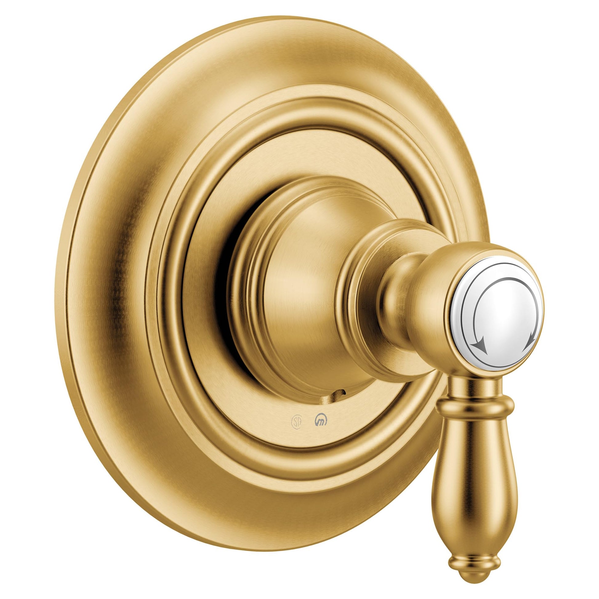 Brushed gold single-handle transfer valve trim with round escutcheon plate and chrome accent ring on handle.