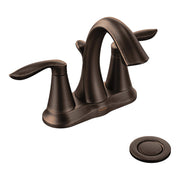 Oil rubbed bronze two-handle bathroom faucet with curved spout and lever handles, shown with drain cap.