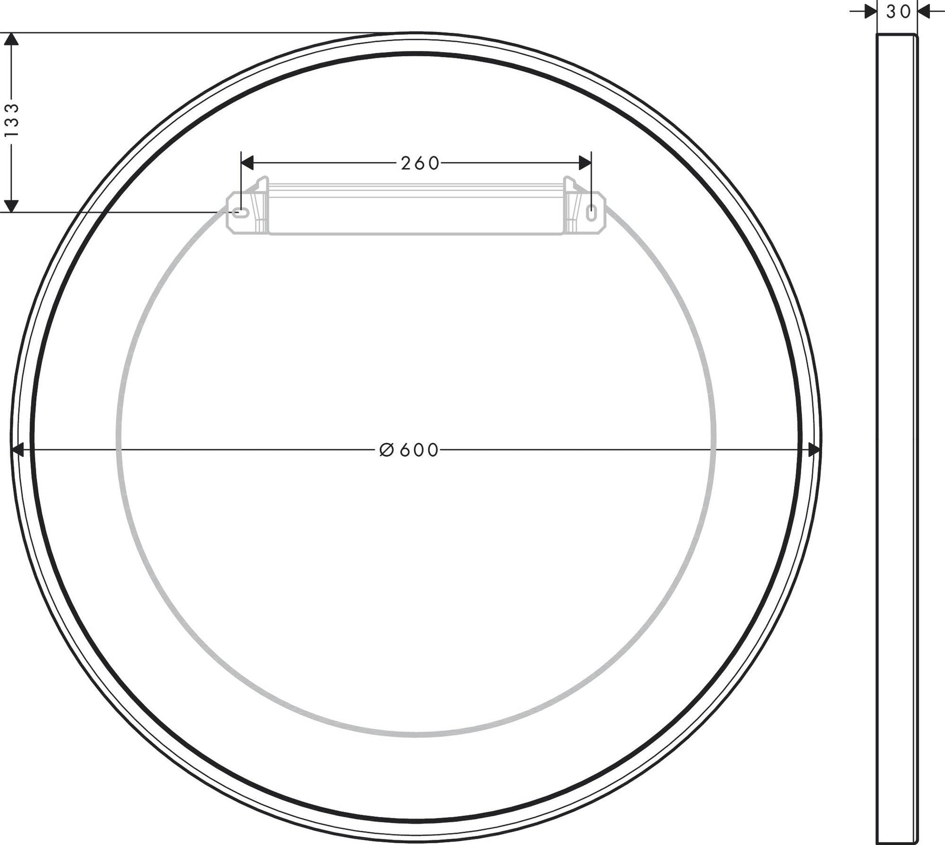 Round chrome wall mirror with mounting bracket, 600mm diameter, front view with dimensions.