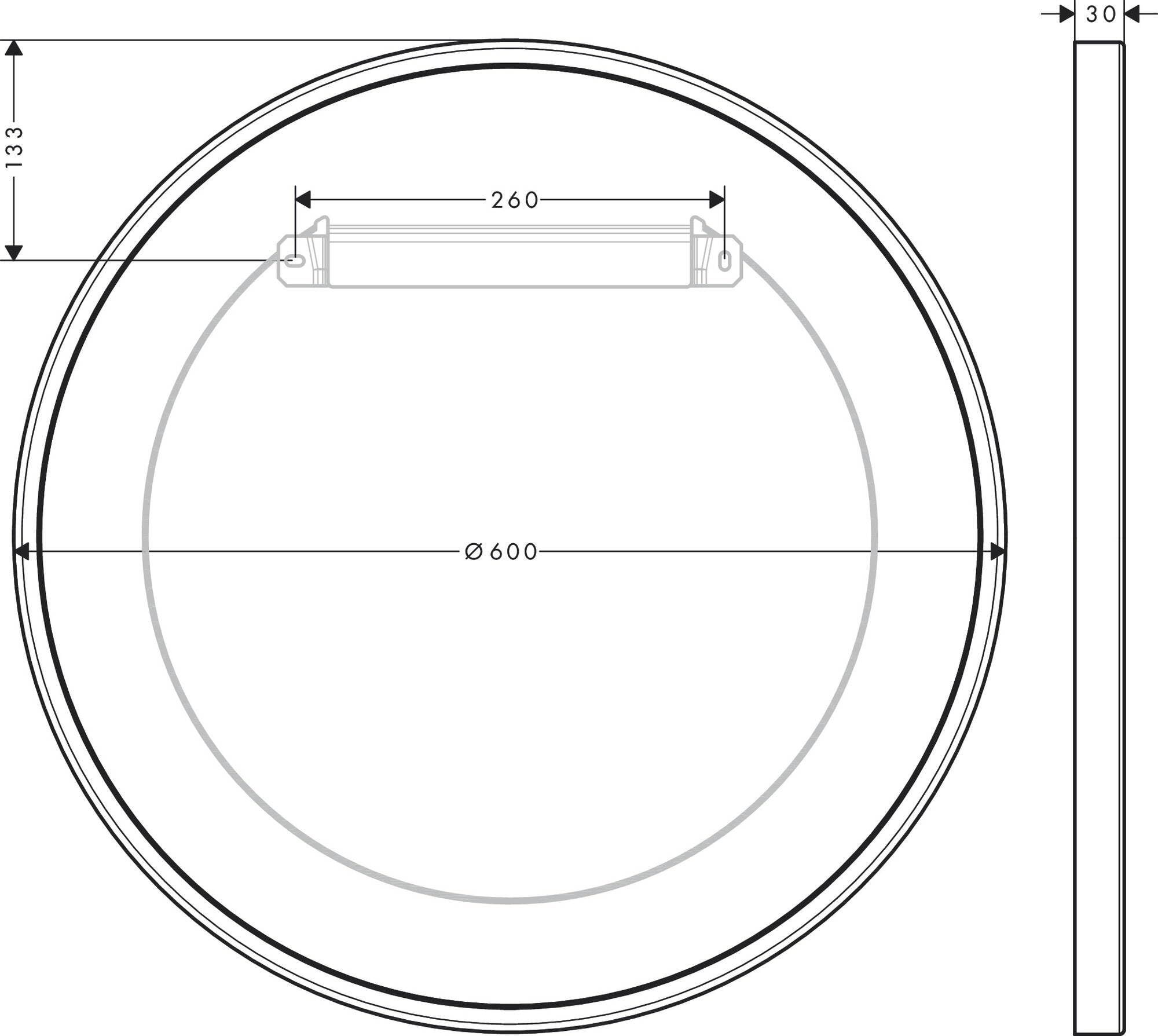Round chrome wall mirror with mounting bracket, 600mm diameter, front view with dimensions.
