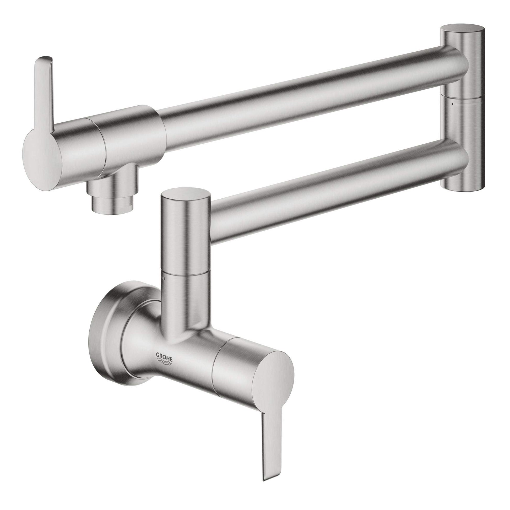Stainless steel wall-mounted pot filler faucet with two handles and articulating arm.