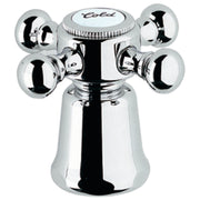 Chrome faucet valve with four spherical cross handles and cold water indicator cap.