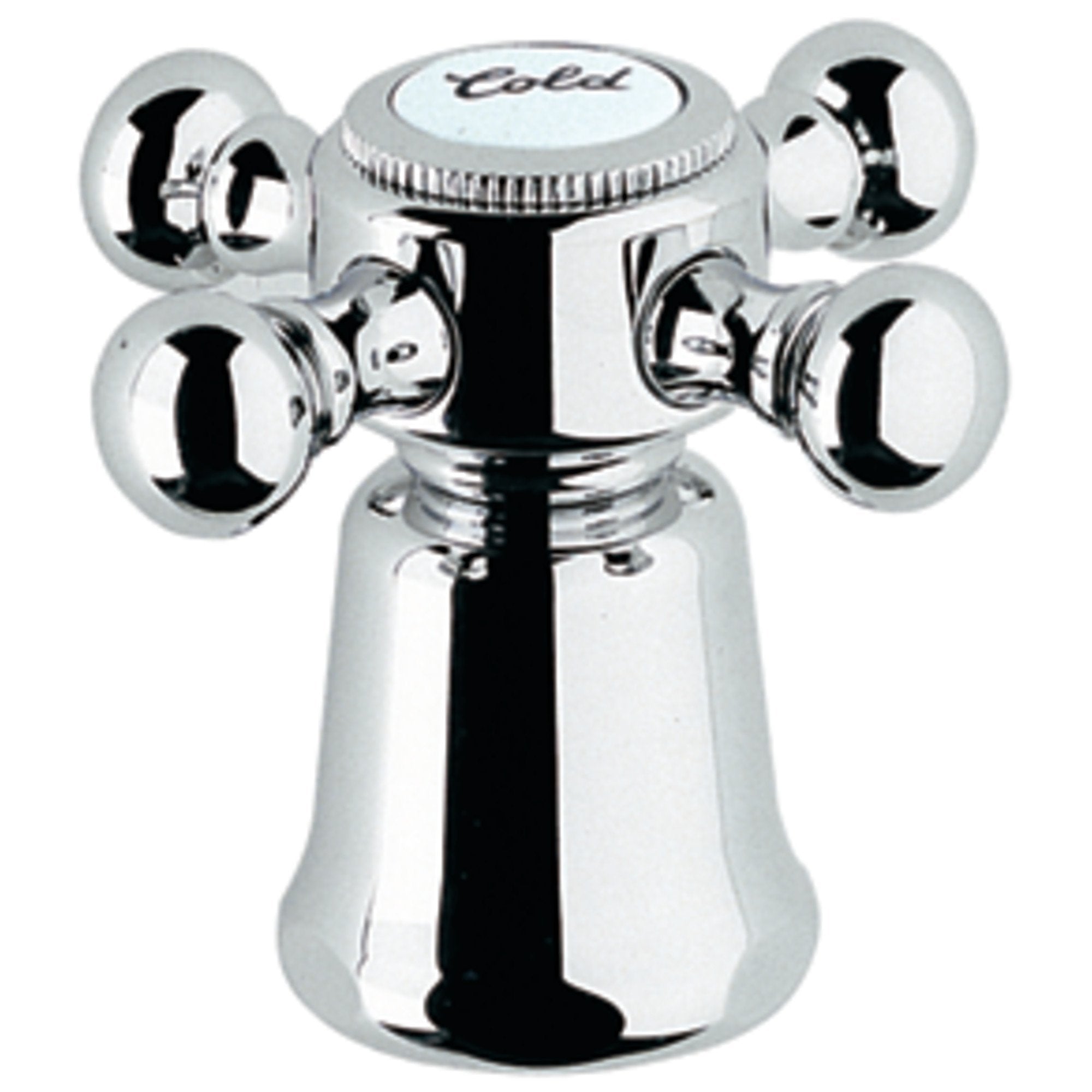 Chrome faucet valve with four spherical cross handles and cold water indicator cap.