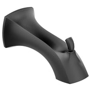 Matte black curved tub spout with diverter lever and slip fit connection, angled view.
