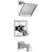 Chrome square showerhead with perforated spray pattern, matching valve trim with dual lever handles, and tub spout.