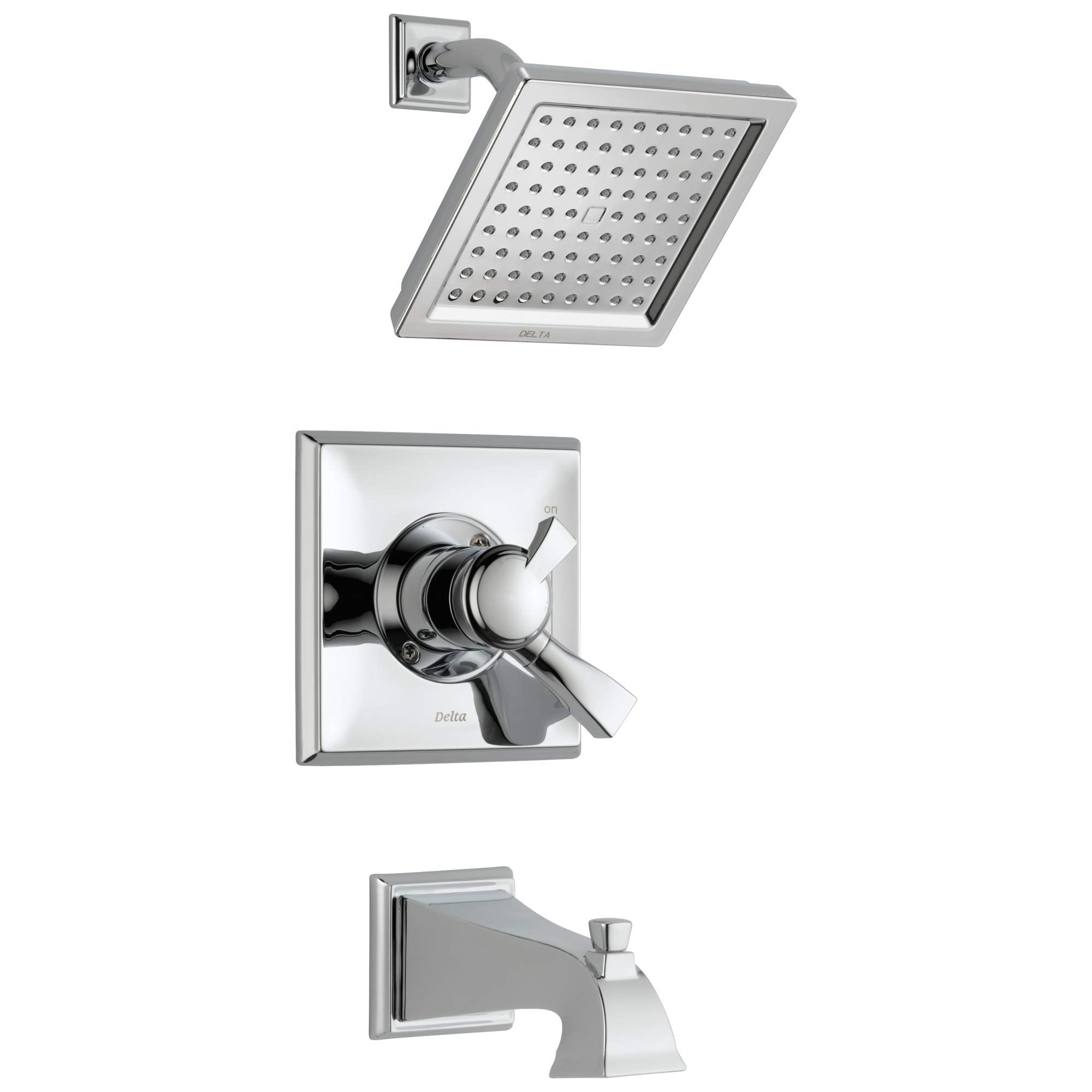 Chrome square showerhead with perforated spray pattern, matching valve trim with dual lever handles, and tub spout.