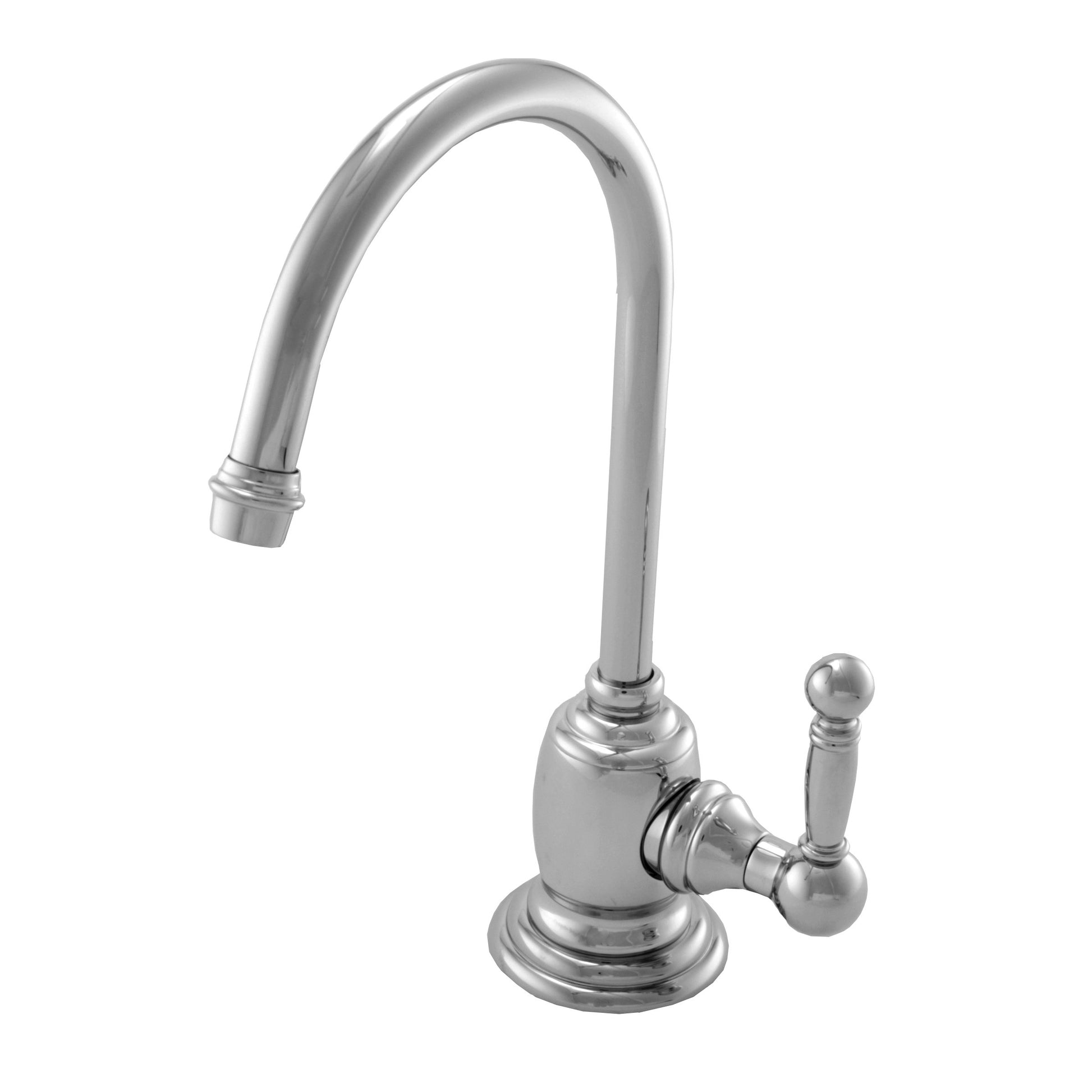Stainless steel cold water dispenser faucet with curved spout, decorative base, and single lever handle.