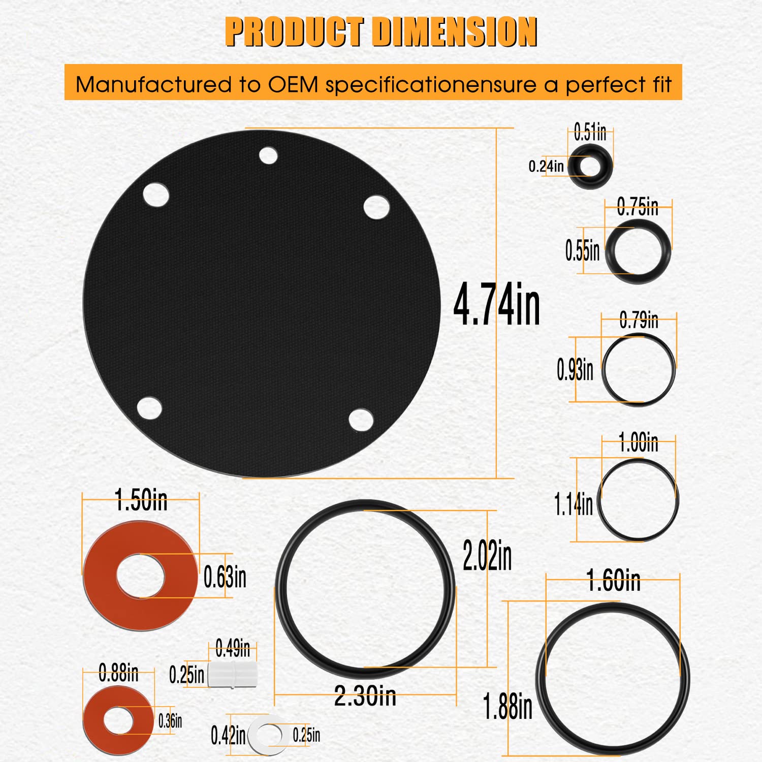 Black silicone rubber seals and o-rings in various sizes with red rubber washers and dimension specifications displayed.