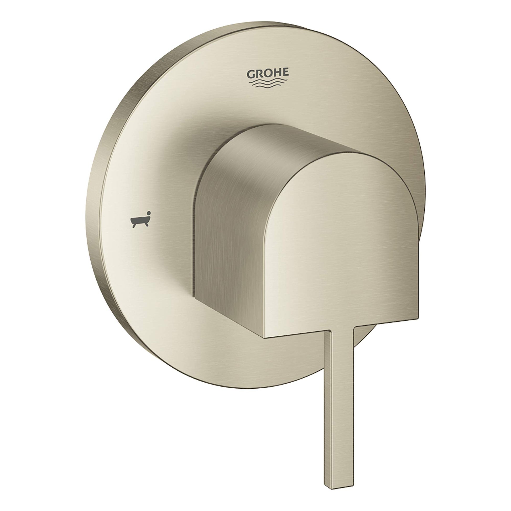 Grohe Plus brushed nickel 2-way diverter trim with round backplate, curved lever handle, and tub spout icon.