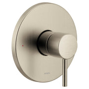 Brushed nickel single-handle valve trim with circular escutcheon plate and cylindrical lever handle.