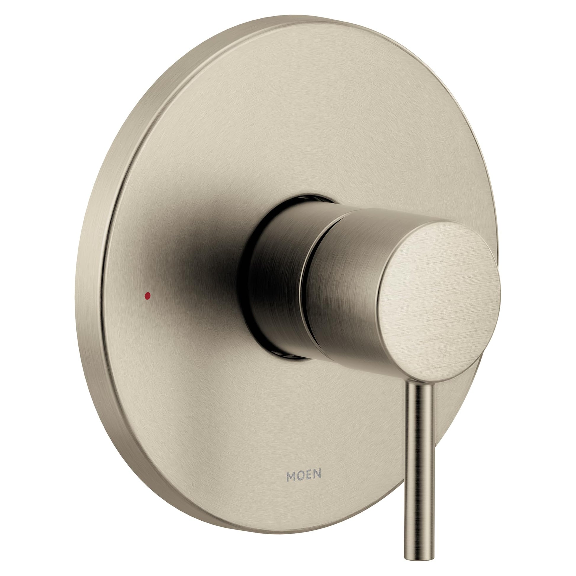 Brushed nickel single-handle valve trim with circular escutcheon plate and cylindrical lever handle.