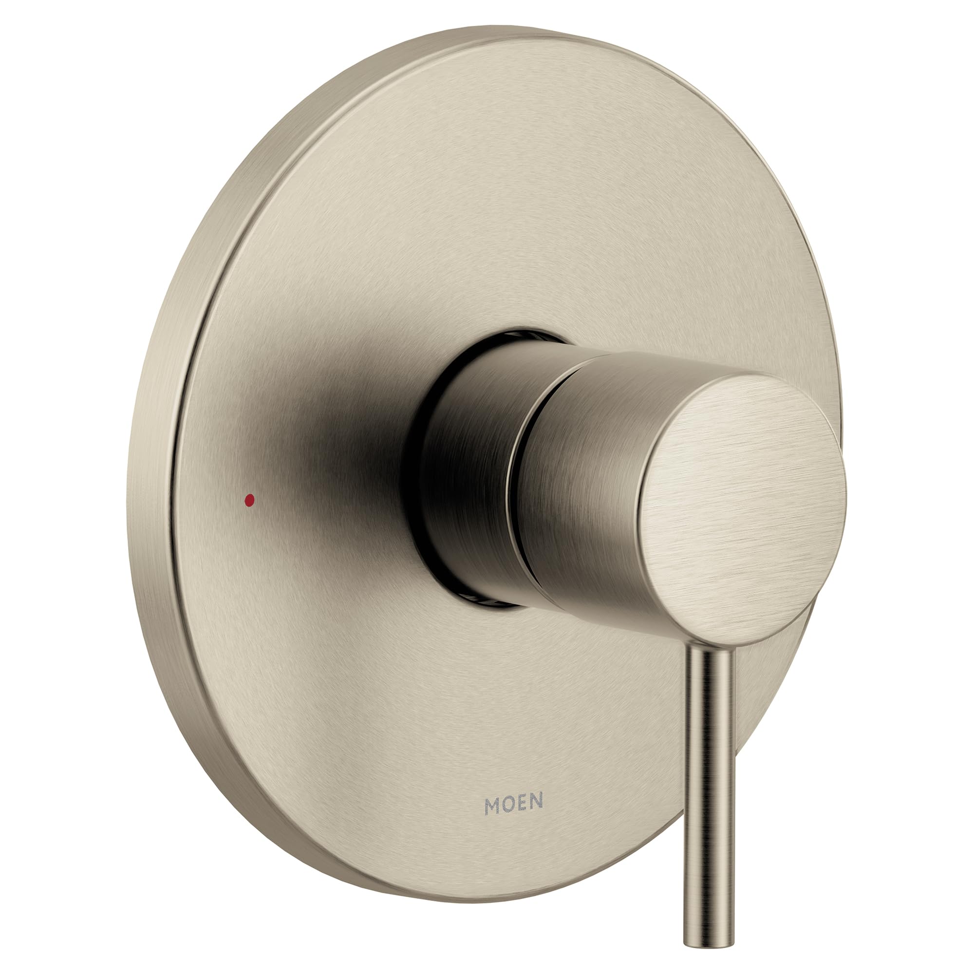 Brushed nickel single-handle valve trim with circular escutcheon plate and cylindrical lever handle.