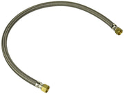 Flexible stainless steel braided hose with brass fittings on both ends.