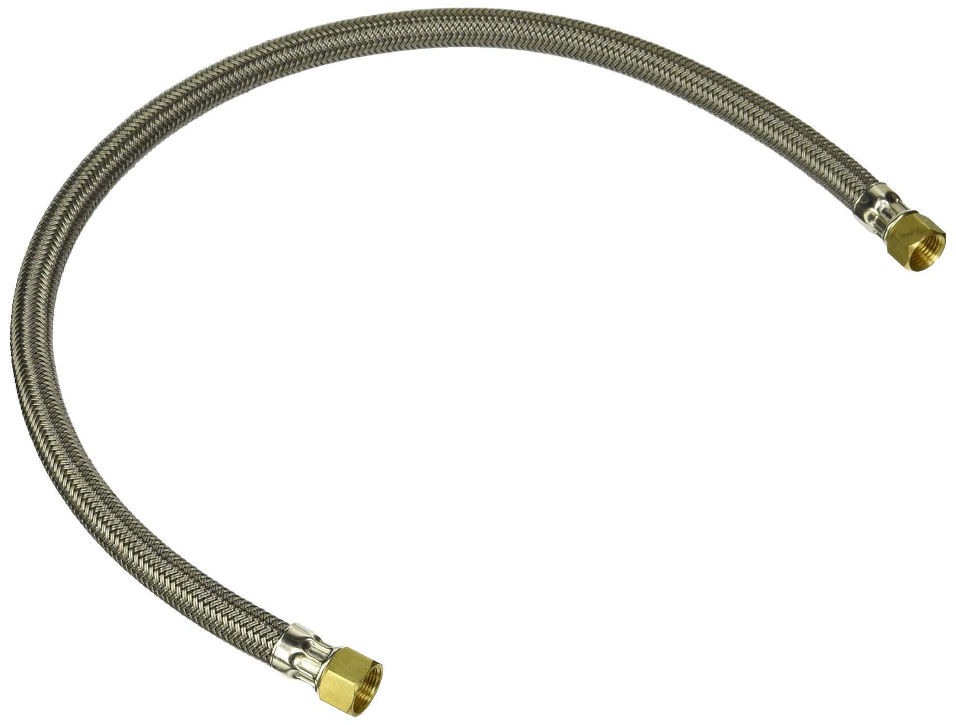 Flexible stainless steel braided hose with brass fittings on both ends.