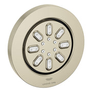 Round brushed nickel body spray with eight oval spray nozzles and small adjustment jets arranged in circular pattern.