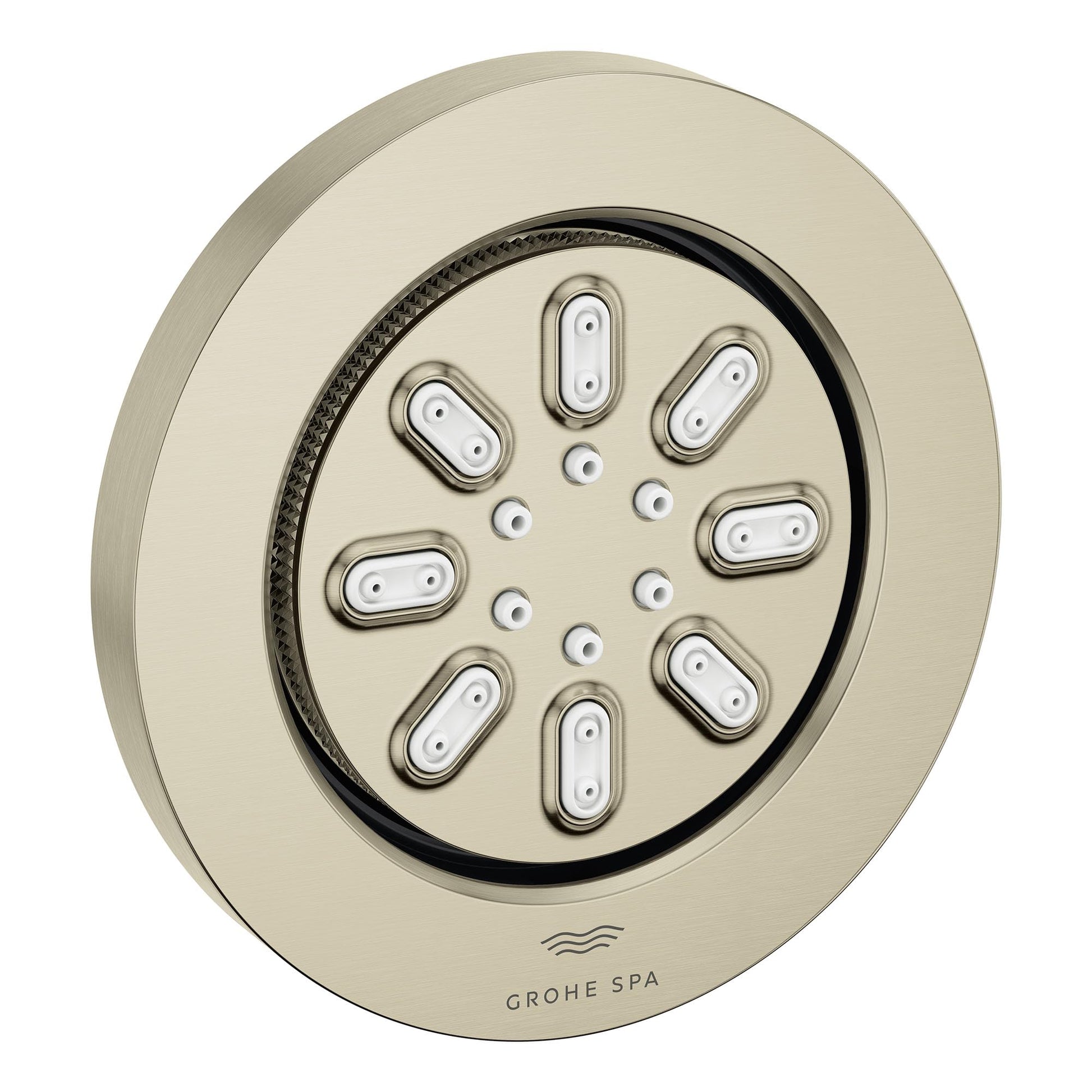 Round brushed nickel body spray with eight oval spray nozzles and small adjustment jets arranged in circular pattern.
