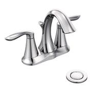 Chrome bathroom faucet with high arc spout, two lever handles, and matching drain cap shown separately.