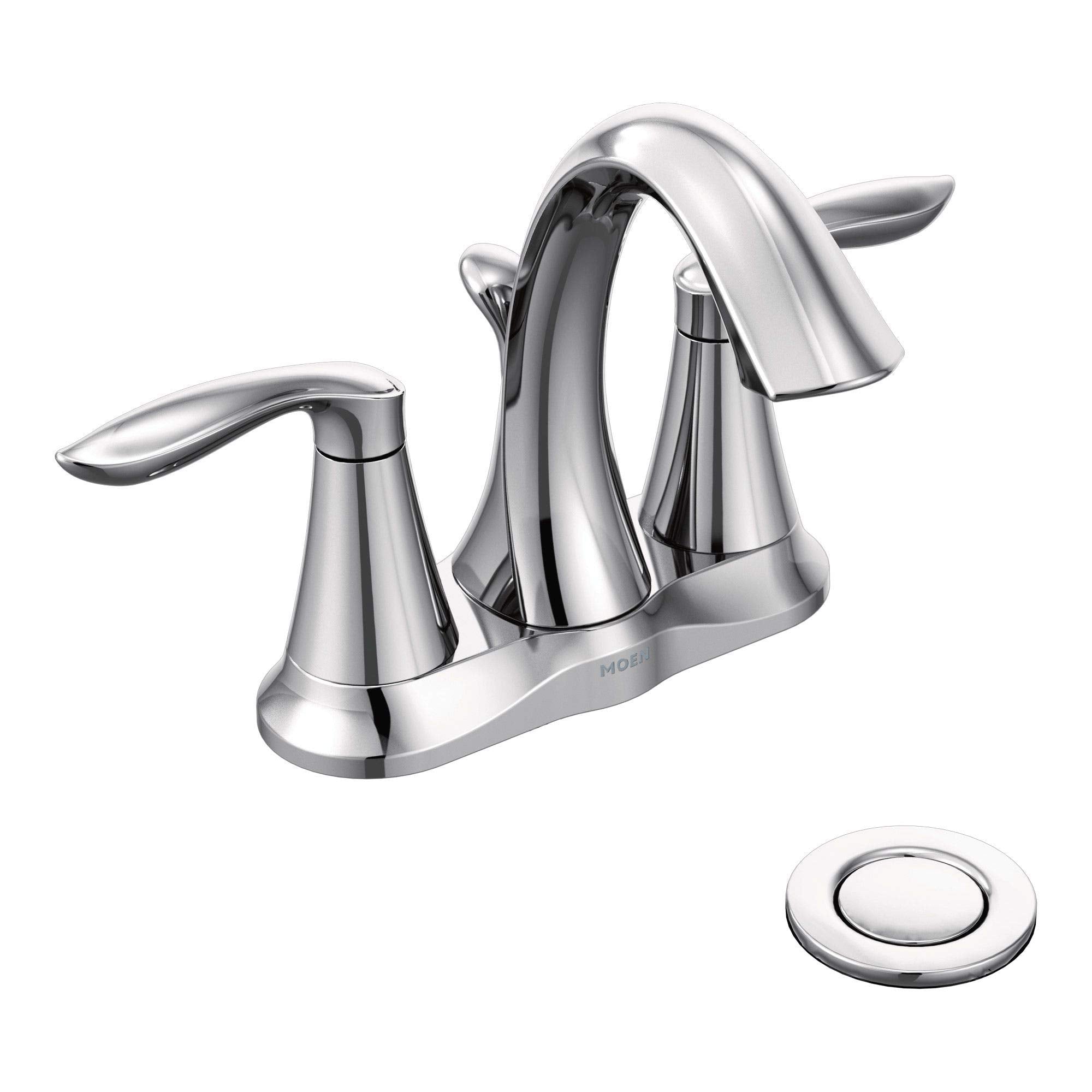 Chrome bathroom faucet with high arc spout, two lever handles, and matching drain cap shown separately.