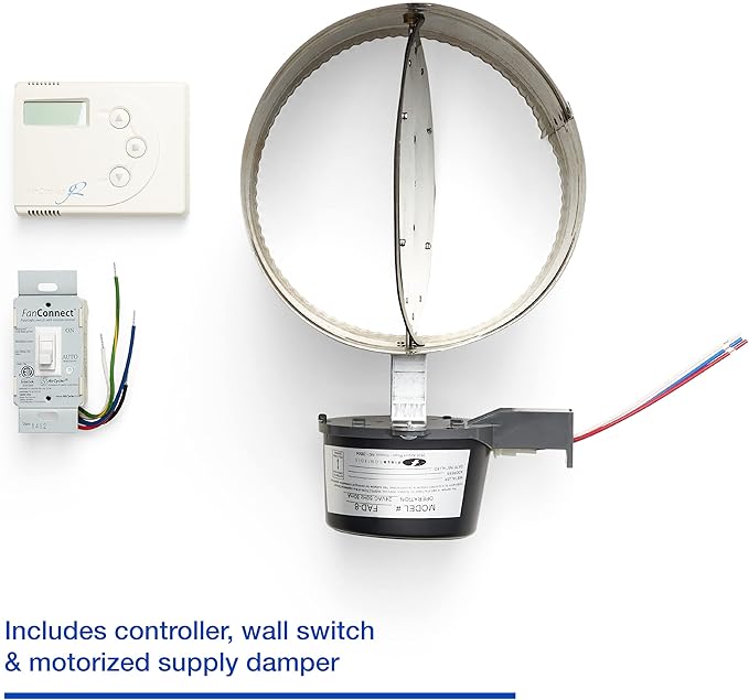 Ventilation kit with digital wall controller, motorized supply damper with round metal duct collar, and wiring connector modu