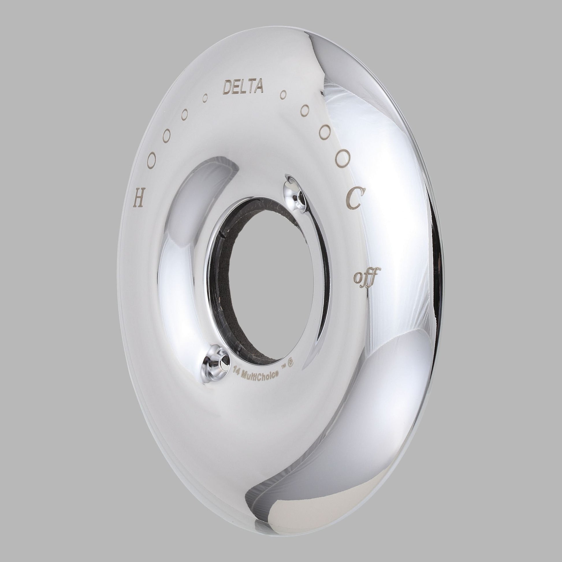 Chrome circular escutcheon with central opening, temperature and off markings, and mounting holes visible on surface.