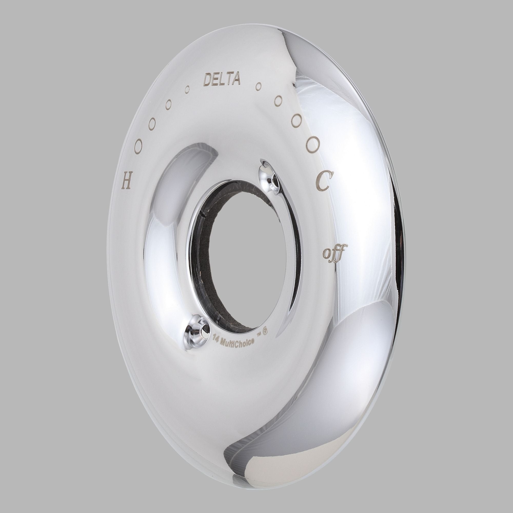 Chrome circular escutcheon with central opening, temperature and off markings, and mounting holes visible on surface.