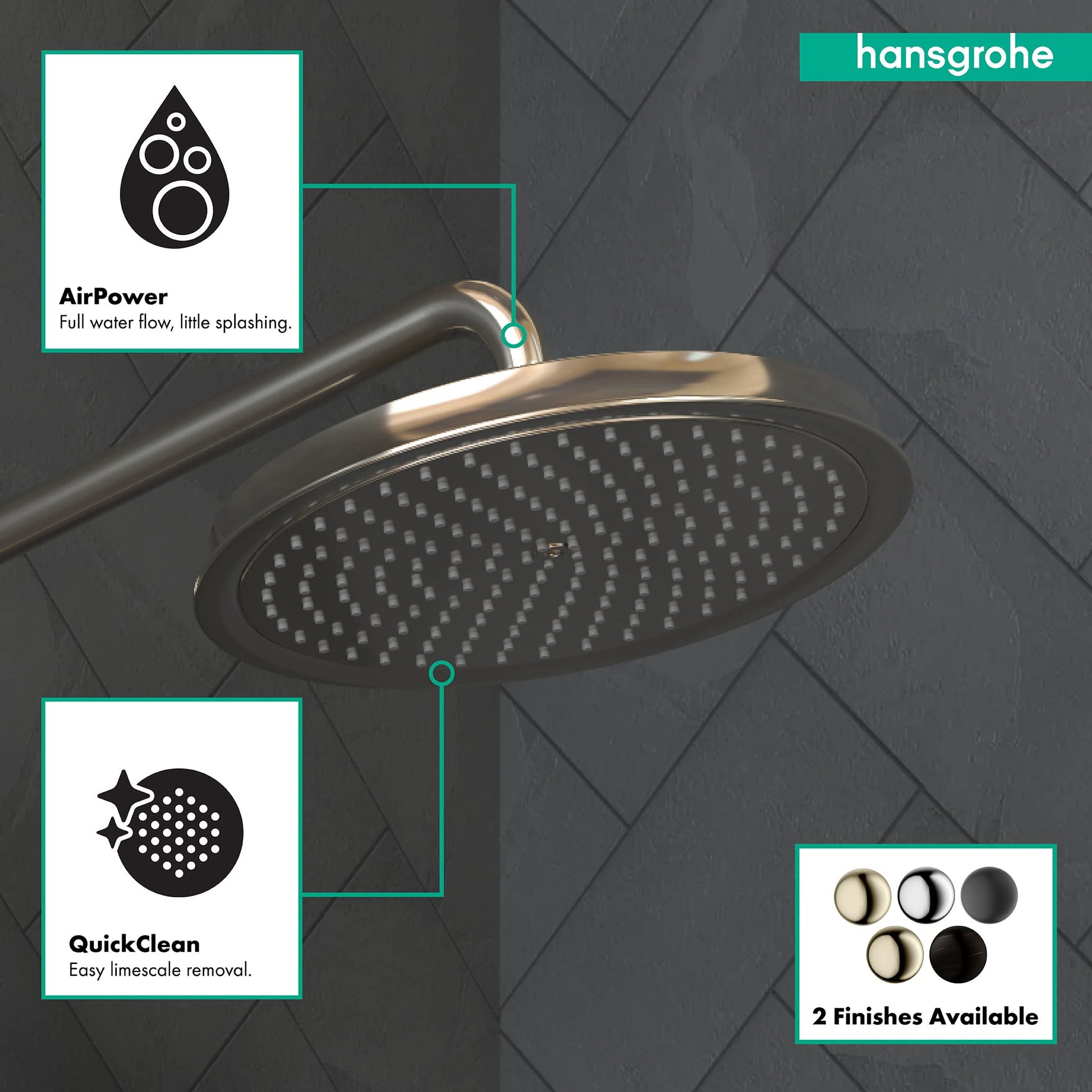 Polished nickel round shower head with perforated spray face and curved arm mounted on tiled wall.