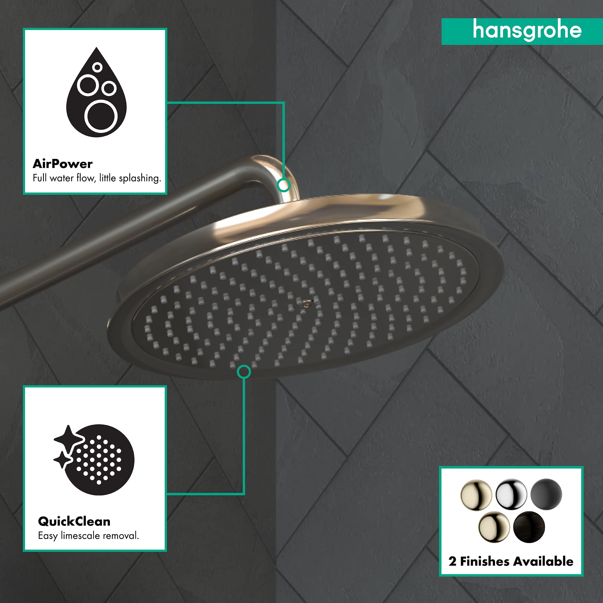 Polished nickel round shower head with perforated spray face and curved arm mounted on tiled wall.