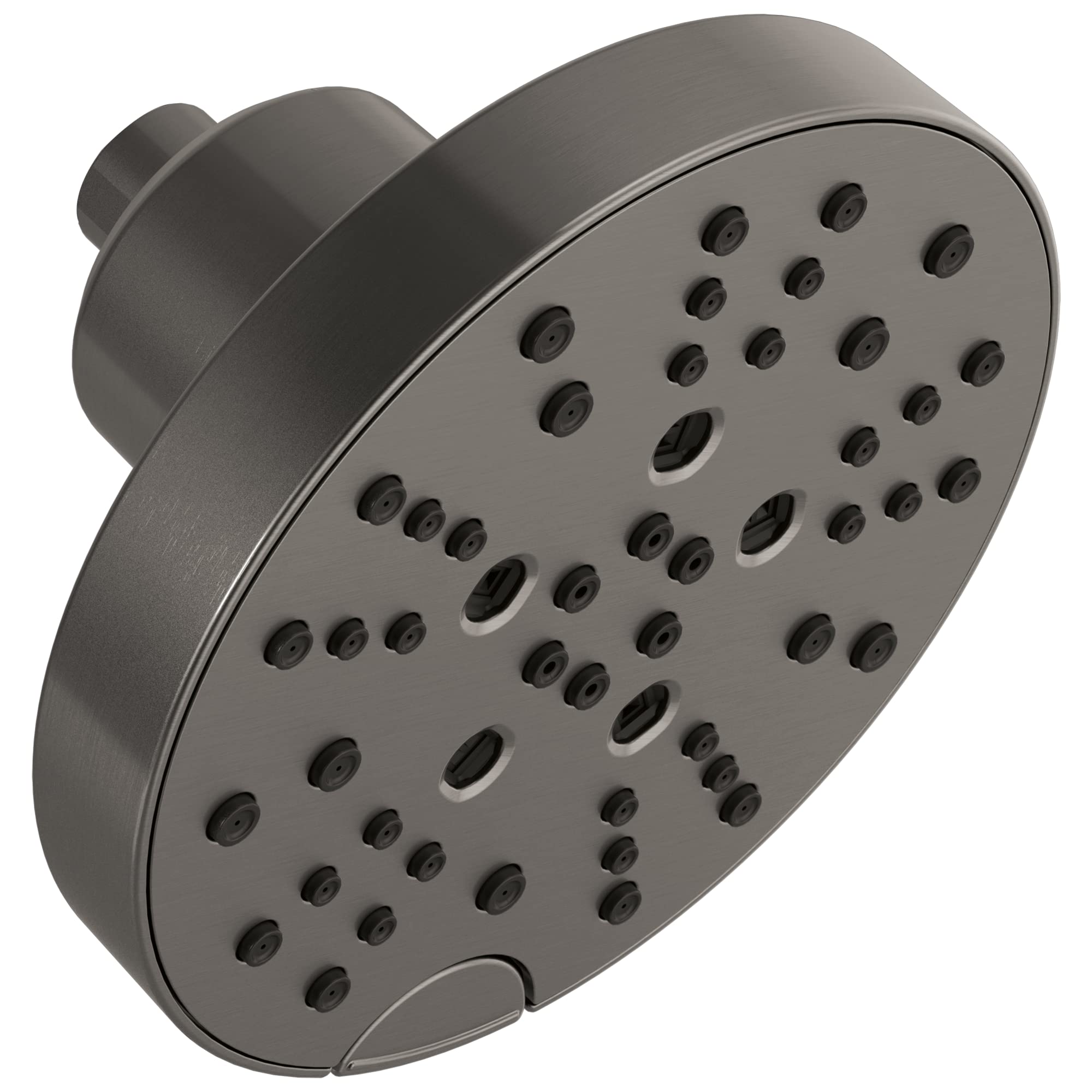 Gunmetal gray circular raincan shower head with multiple spray jets and cylindrical mounting arm.